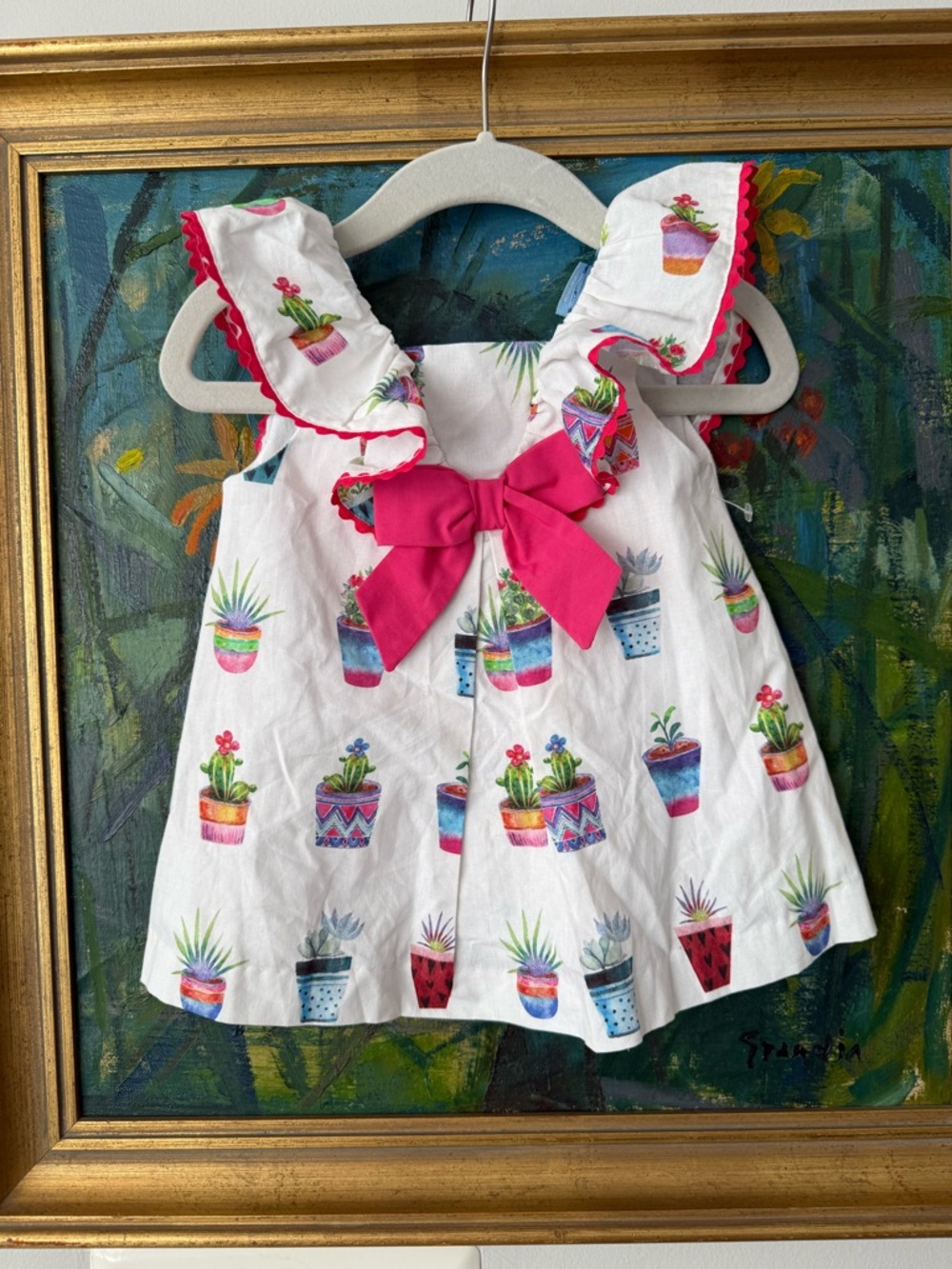 Girls White Sundress with Pink Bow and Potted Plant Print